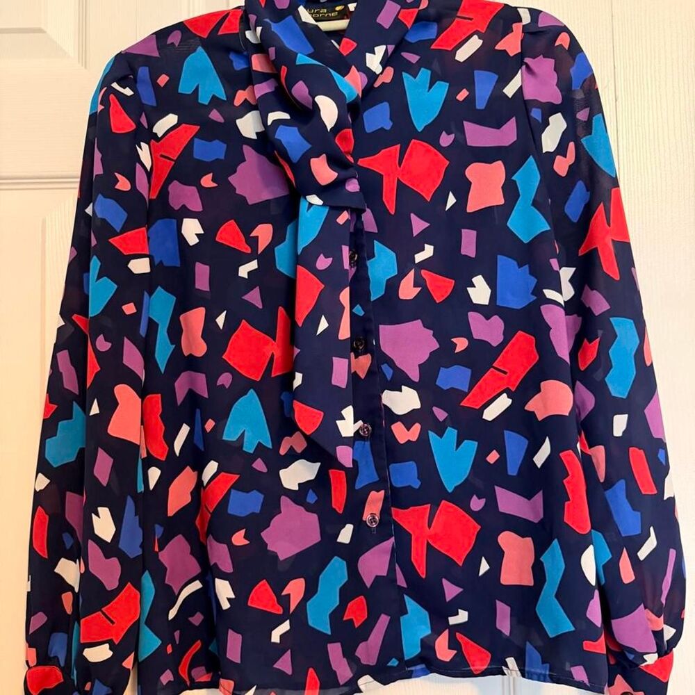 Vintage 80s Geometric Tie Neck Blouse Colorful Retro Office Secretary Top